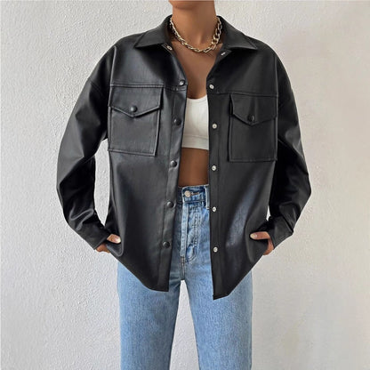 Single-breasted Solid Color Pocket PU Fashion Casual Jacket Top