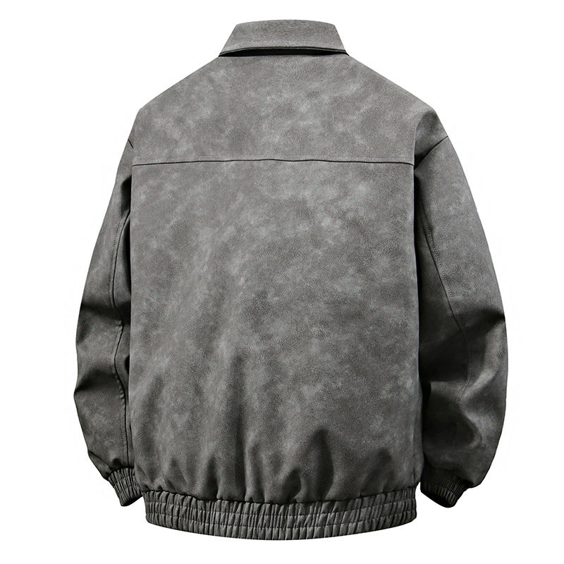 3D Stereo American Retro Hip Hop PU Leather Polo Collar Jacket
