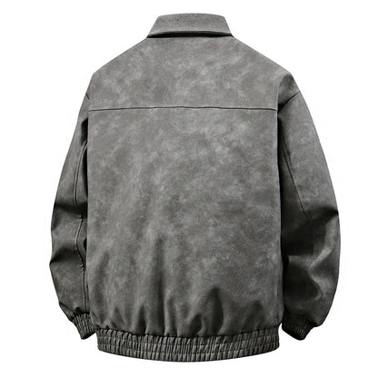 3D Stereo American Retro Hip Hop PU Leather Polo Collar Jacket