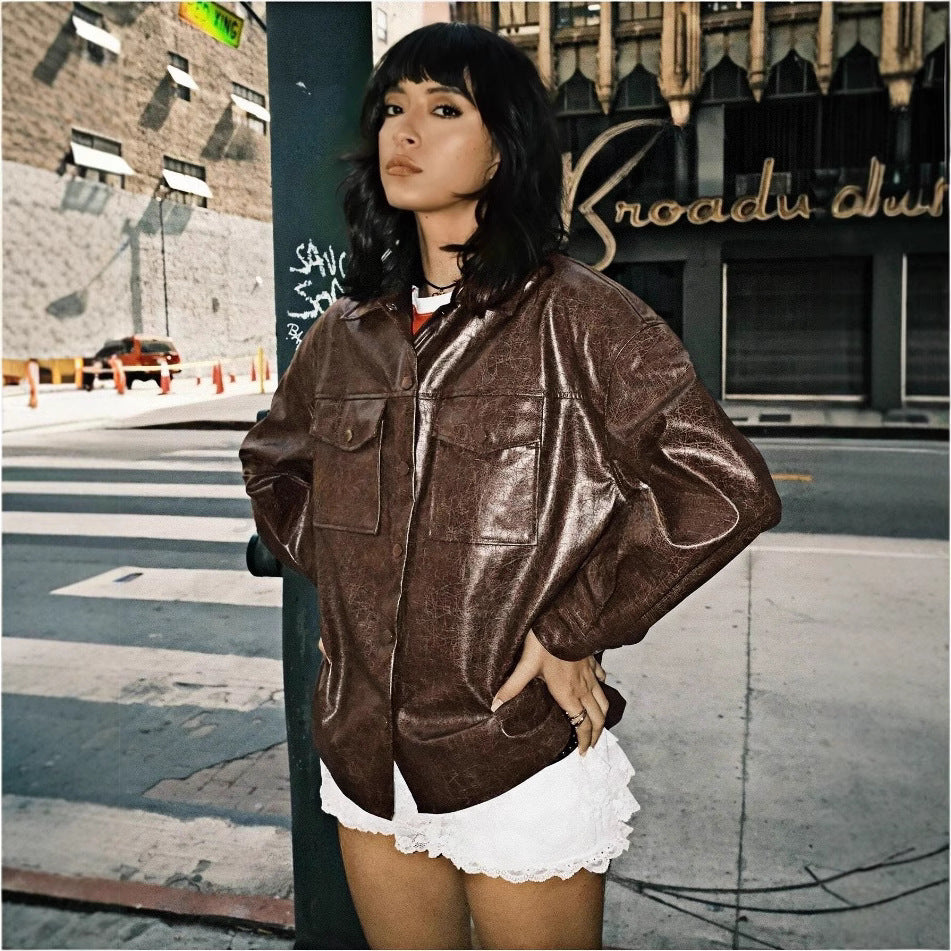 Single-breasted Solid Color Pocket PU Fashion Casual Jacket Top